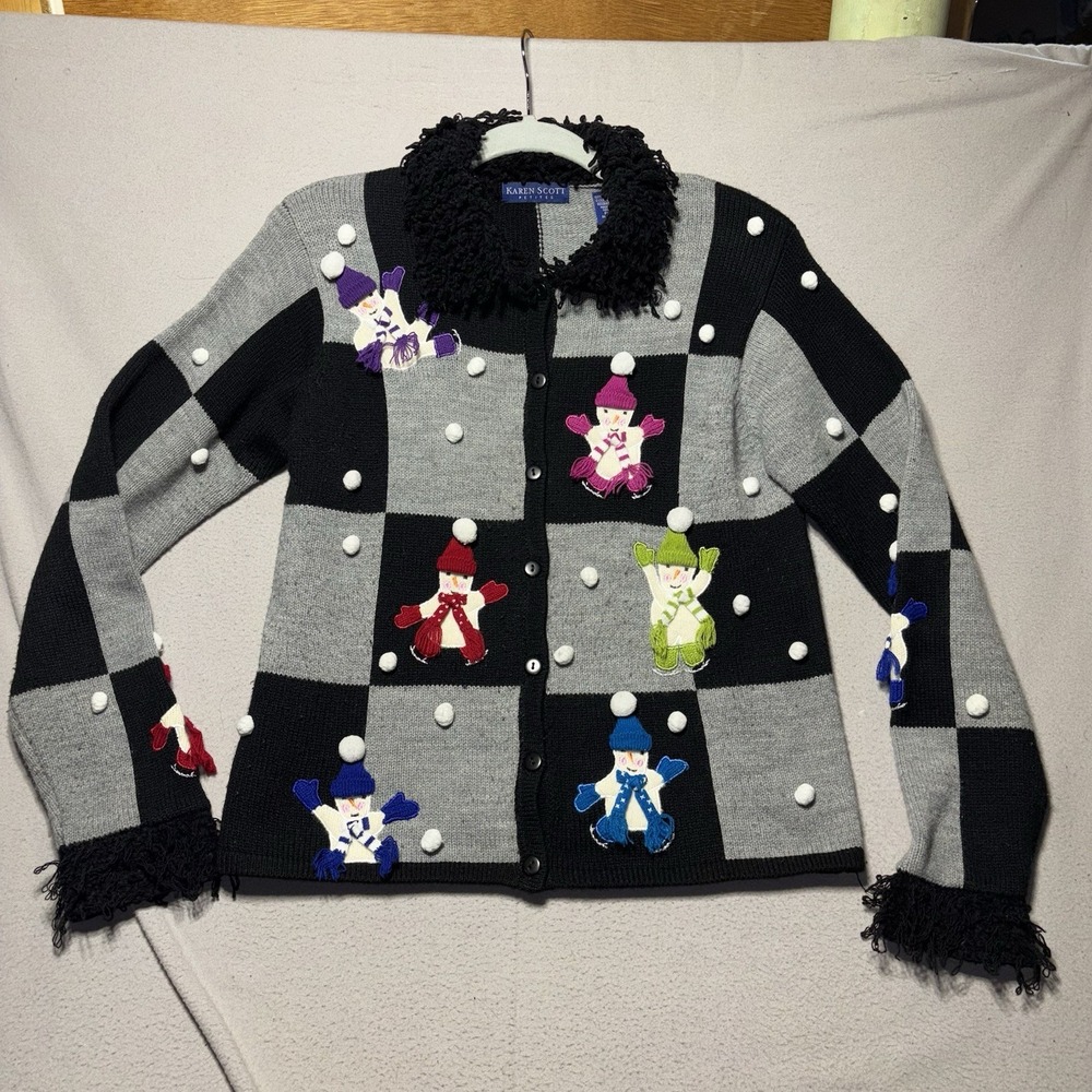Vintage /‎ Y2K Karen Scott Petite Size PS Snowmen 3D Snowballs Fringe Sweater